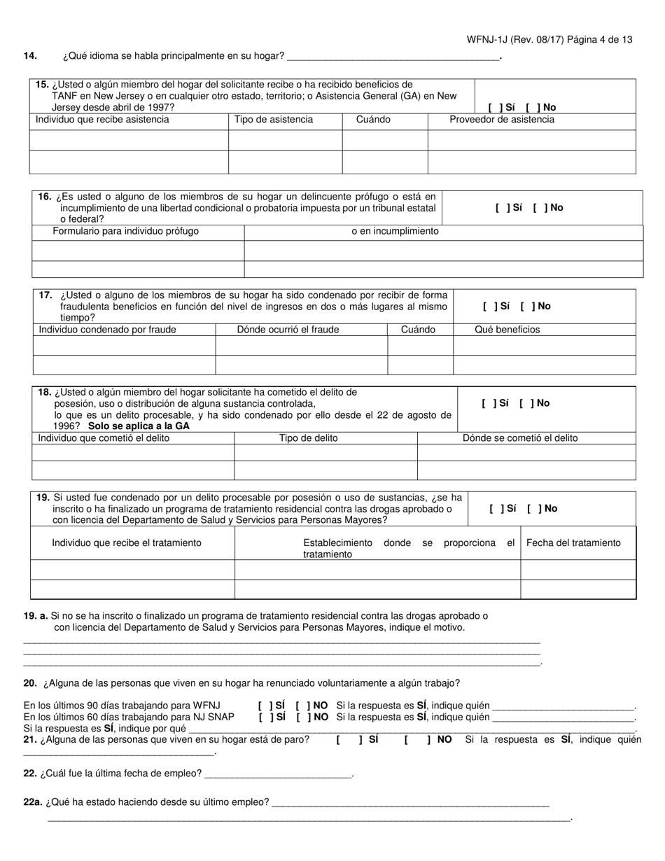 Formulario WFNJ-1J Solicitud Y Declaracion Jurada Para Asistencia Publica - New Jersey (Spanish), Page 4