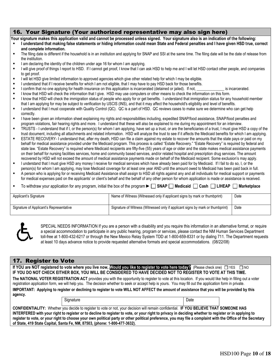 Form HSD100 Application for Assistance - New Mexico, Page 10