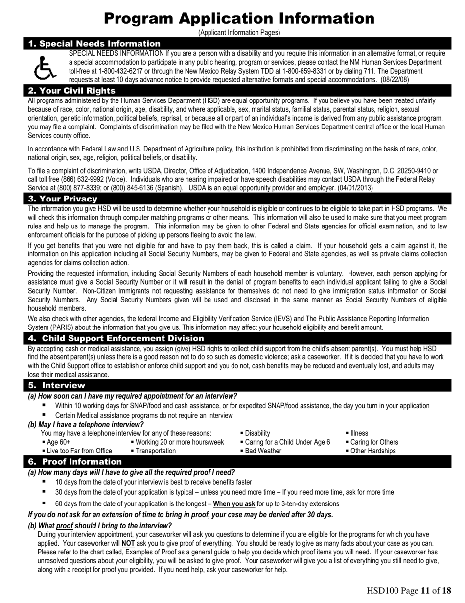 Form HSD100 Application for Assistance - New Mexico, Page 11