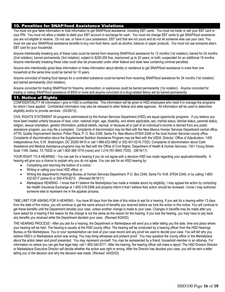 Form HSD100 Application for Assistance - New Mexico, Page 16