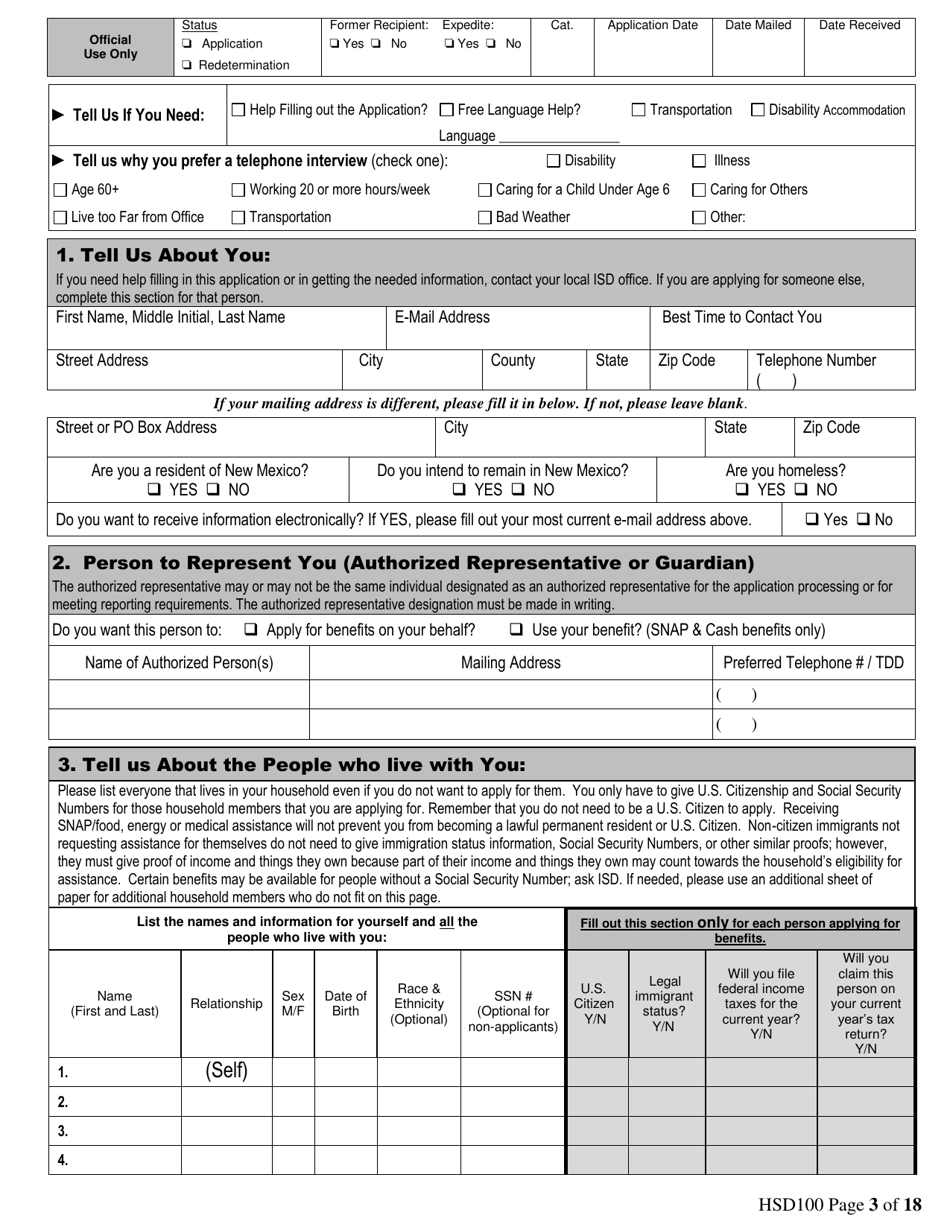 Form HSD100 Application for Assistance - New Mexico, Page 3