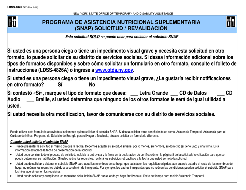 Formulario LDSS-4826 SP Solicitud / Revalidacion De Subsidio Snap - New York (Spanish)