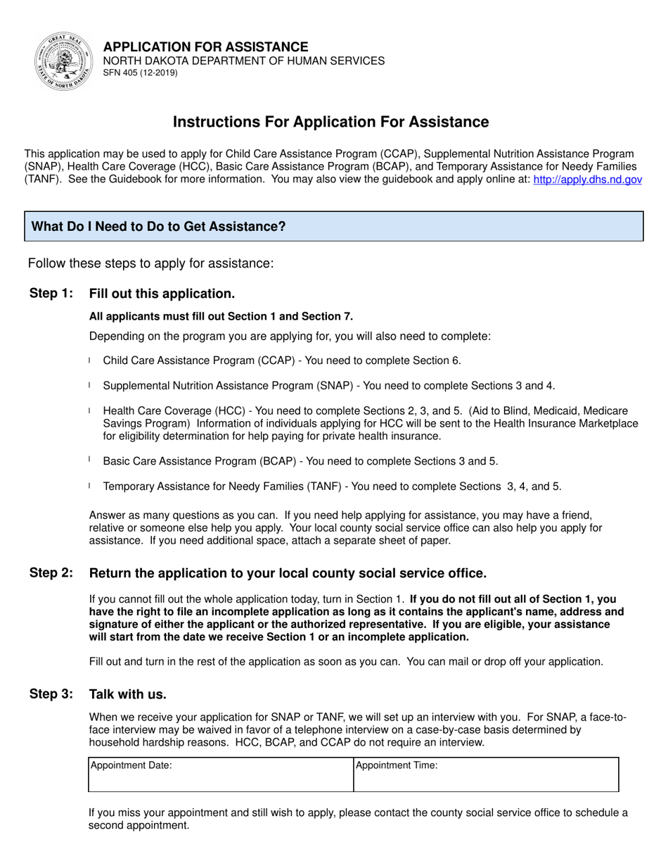 Form SFN405 Application for Assistance - North Dakota, Page 1