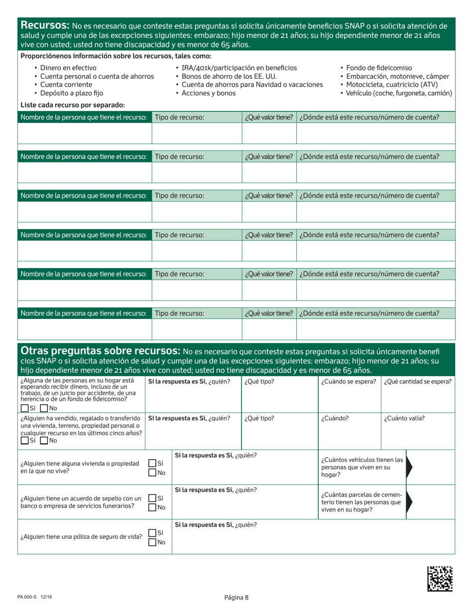 Formulario PA600-S Solicitud De Beneficios - Pennsylvania (Spanish), Page 12