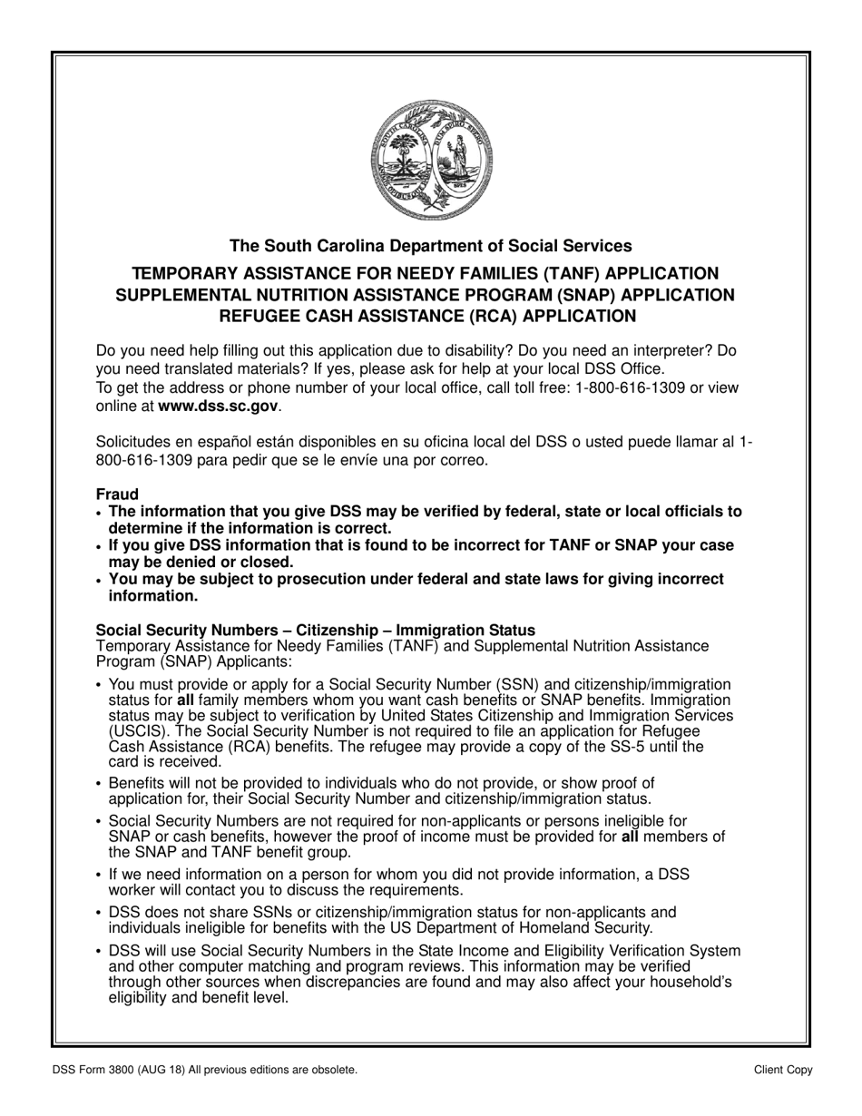 DSS Form 3800 Application for the Fi Program, Snap Program and Refugee Assistance (Ra) Program - South Carolina, Page 1