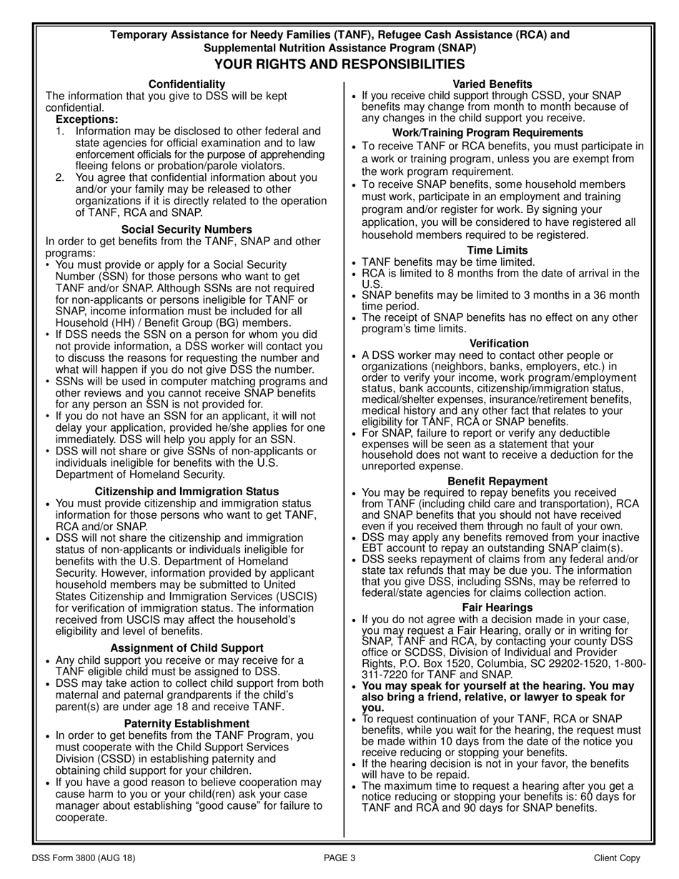 DSS Form 3800 Application for the Fi Program, Snap Program and Refugee Assistance (Ra) Program - South Carolina, Page 3