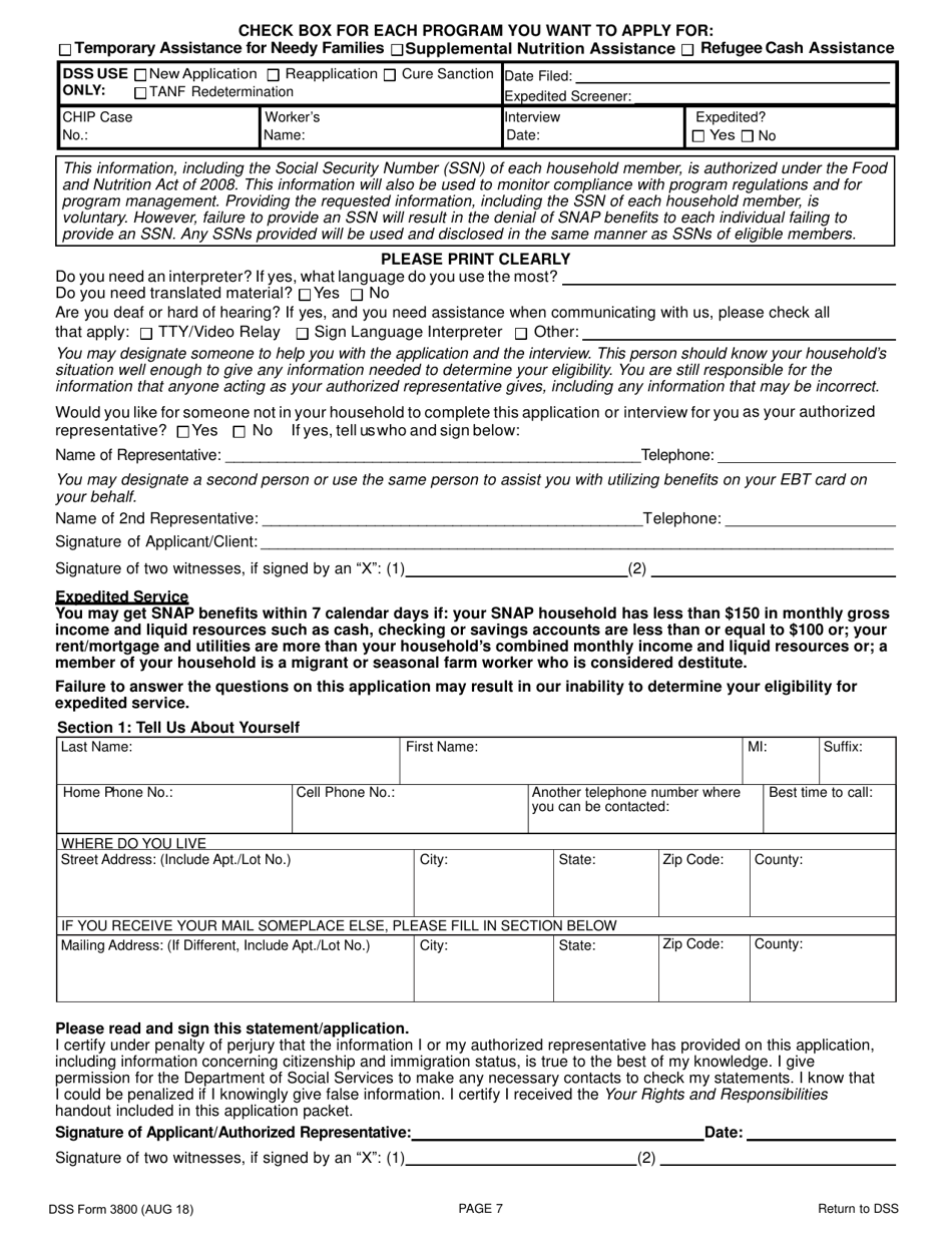 DSS Form 3800 Application for the Fi Program, Snap Program and Refugee Assistance (Ra) Program - South Carolina, Page 7