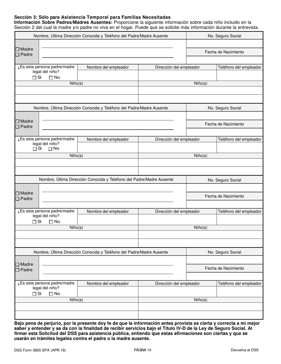 DSS Formulario 3800 SPA Solicitud Para El Programa De Independencia Familiar (Fi), Programa De Asistencia Nutricional Complimentaria (Snap), Programa De Asistencia Para Refugiados (Ra) - South Carolina (Spanish), Page 10
