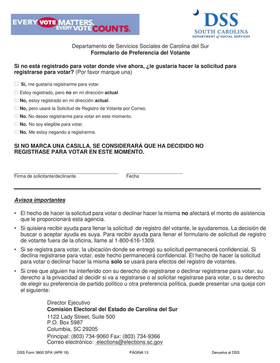 DSS Formulario 3800 SPA Solicitud Para El Programa De Independencia Familiar (Fi), Programa De Asistencia Nutricional Complimentaria (Snap), Programa De Asistencia Para Refugiados (Ra) - South Carolina (Spanish), Page 13