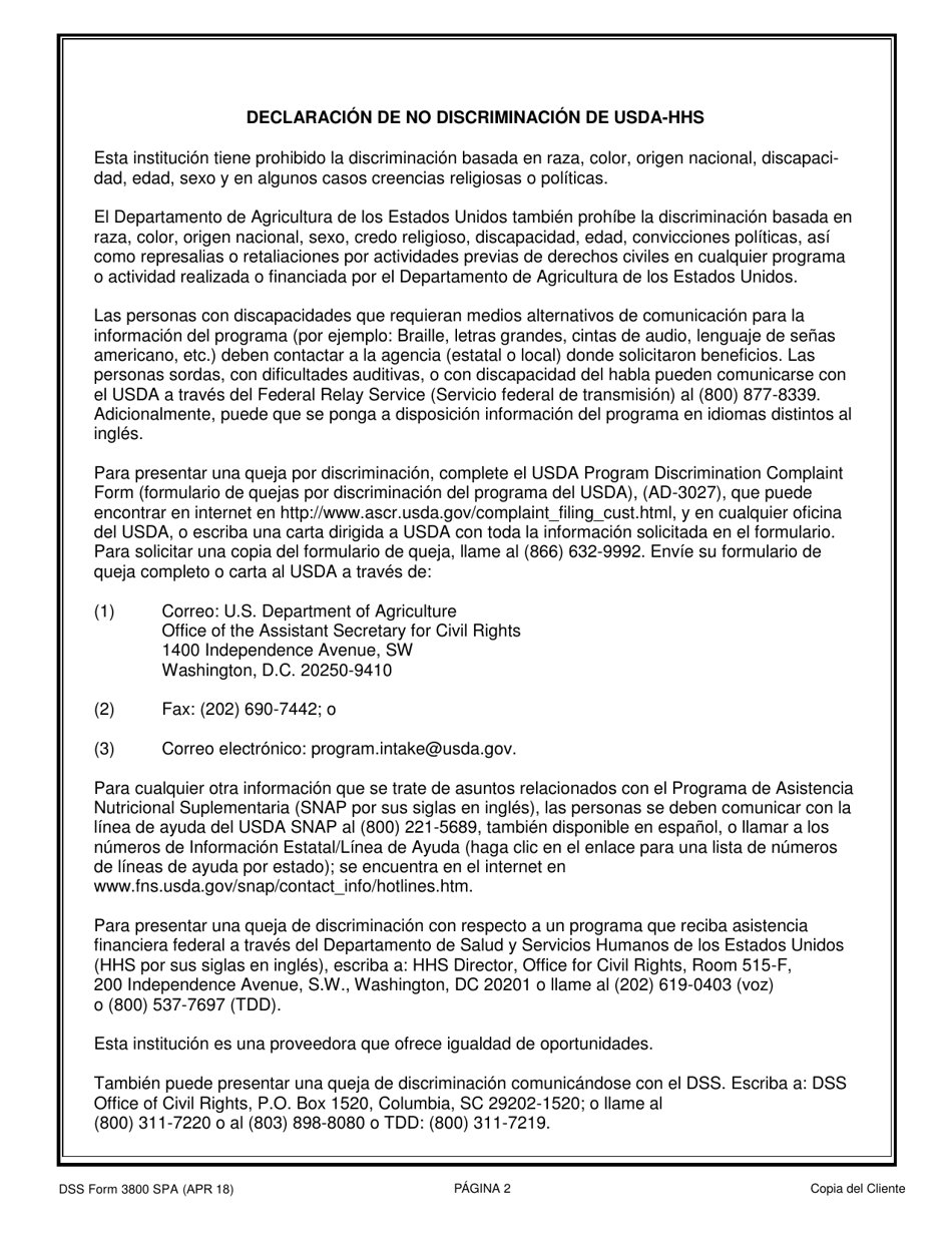 DSS Formulario 3800 SPA Solicitud Para El Programa De Independencia Familiar (Fi), Programa De Asistencia Nutricional Complimentaria (Snap), Programa De Asistencia Para Refugiados (Ra) - South Carolina (Spanish), Page 2
