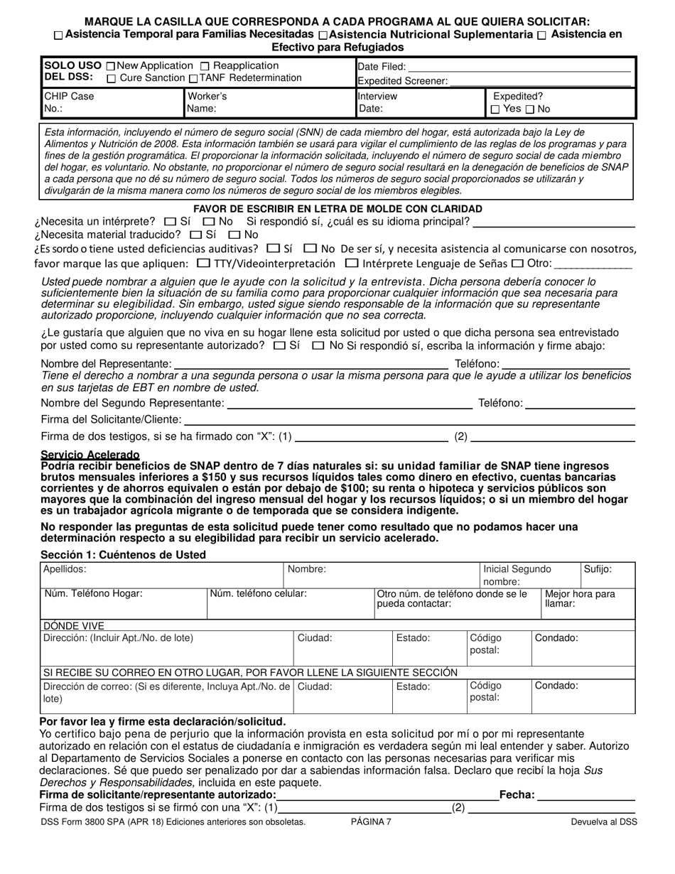 DSS Formulario 3800 SPA Solicitud Para El Programa De Independencia Familiar (Fi), Programa De Asistencia Nutricional Complimentaria (Snap), Programa De Asistencia Para Refugiados (Ra) - South Carolina (Spanish), Page 7