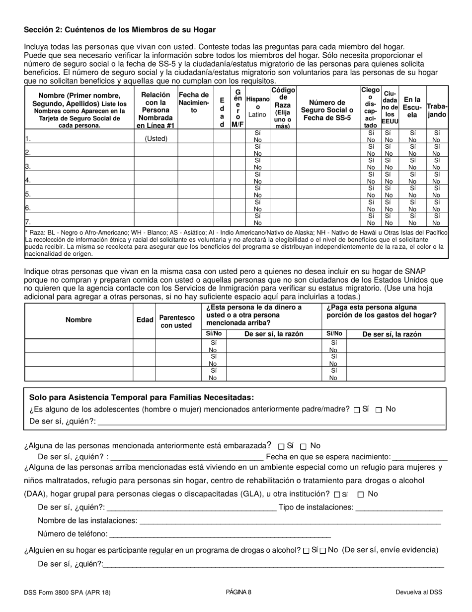 DSS Formulario 3800 SPA Solicitud Para El Programa De Independencia Familiar (Fi), Programa De Asistencia Nutricional Complimentaria (Snap), Programa De Asistencia Para Refugiados (Ra) - South Carolina (Spanish), Page 8