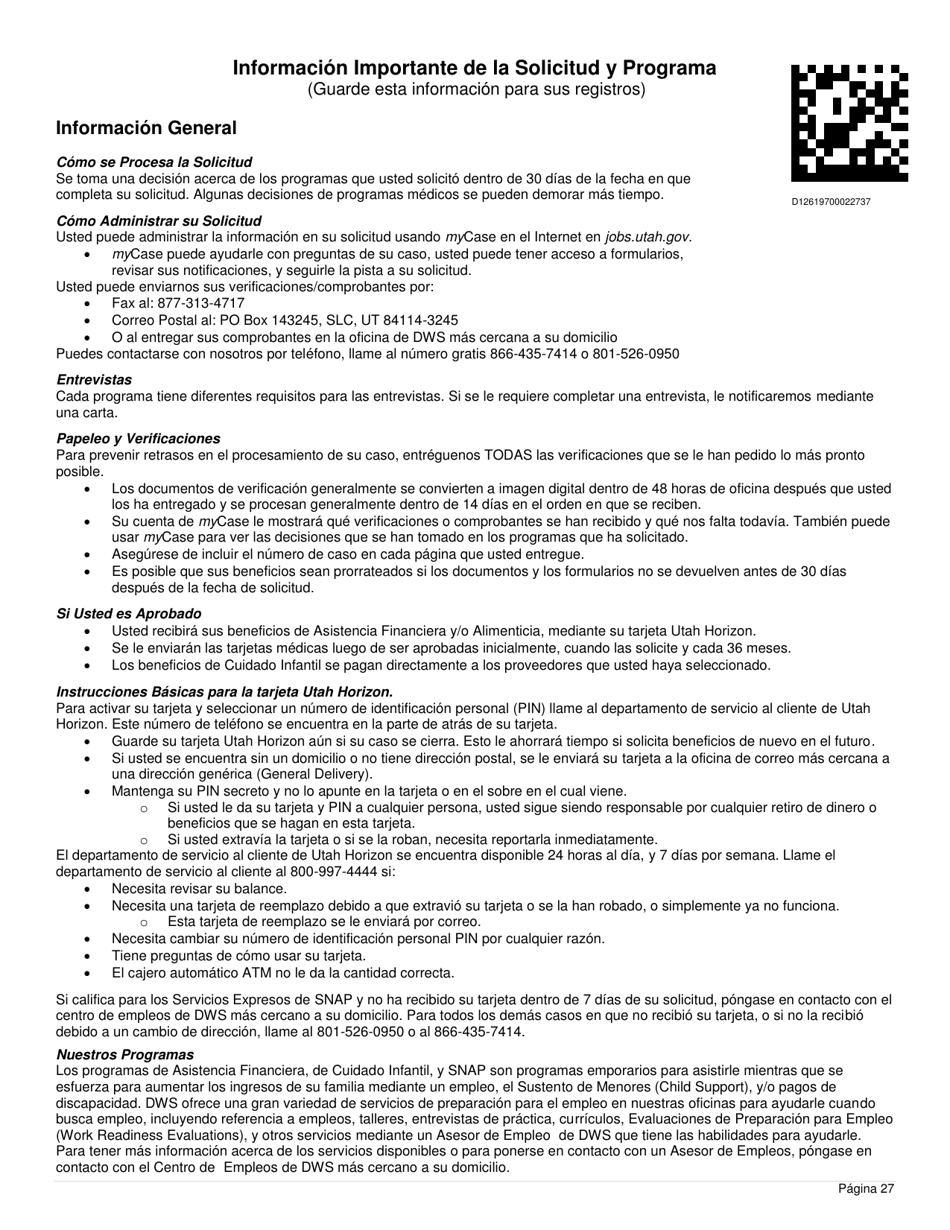 Formulario DWS-ESD61APP-SP Solicitud Para Beneficios De Snap, Financiera, De Cuidado Infantil Y Medica - Utah (Spanish), Page 27