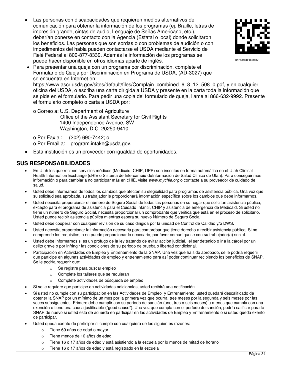 Formulario DWS-ESD61APP-SP Solicitud Para Beneficios De Snap, Financiera, De Cuidado Infantil Y Medica - Utah (Spanish), Page 34