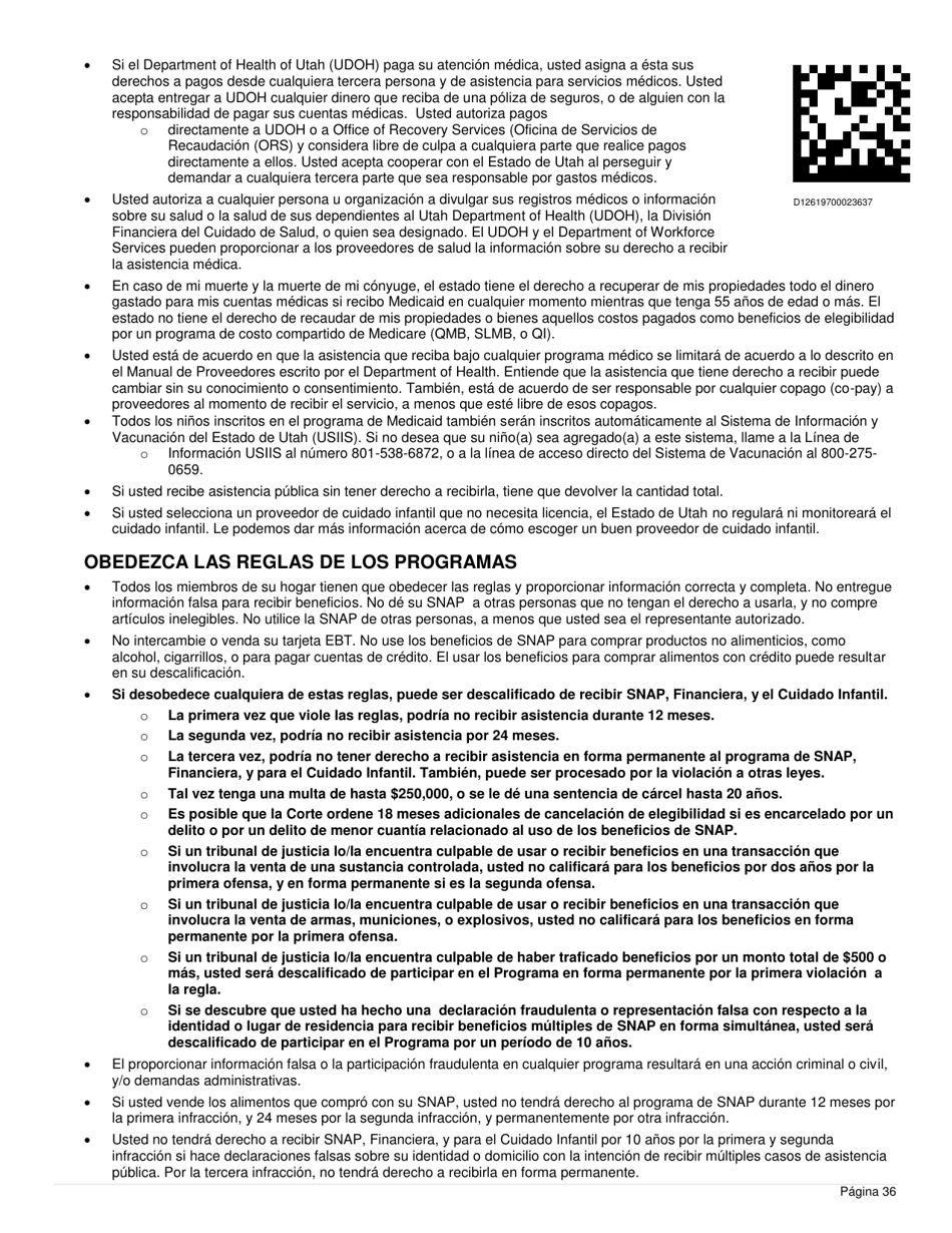 Formulario DWS-ESD61APP-SP Solicitud Para Beneficios De Snap, Financiera, De Cuidado Infantil Y Medica - Utah (Spanish), Page 36