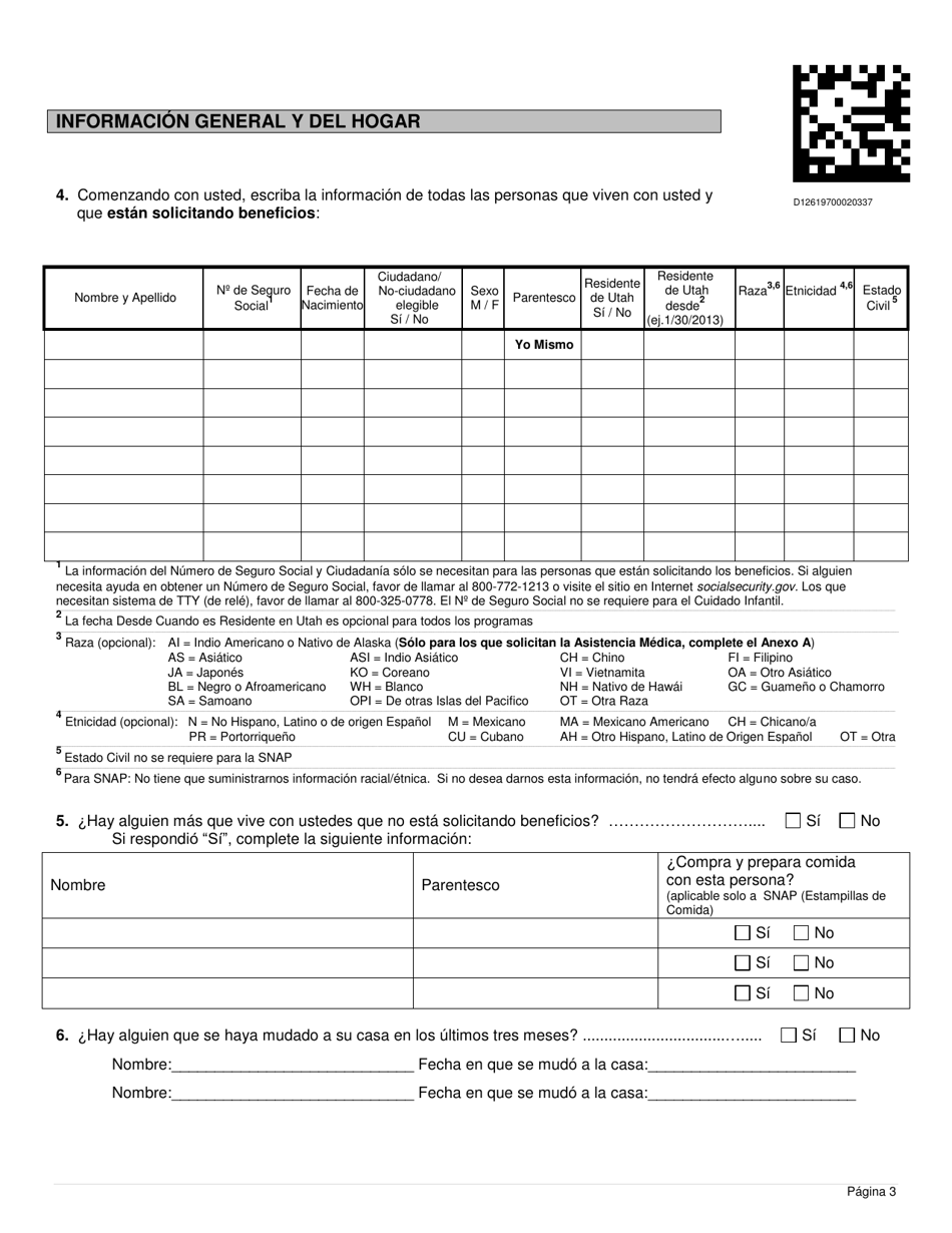 Formulario DWS-ESD61APP-SP Solicitud Para Beneficios De Snap, Financiera, De Cuidado Infantil Y Medica - Utah (Spanish), Page 3