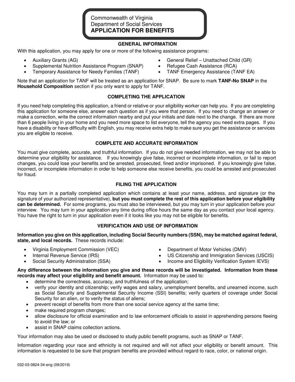 Form 032-03-0824-34 Application for Benefits - Virginia, Page 1