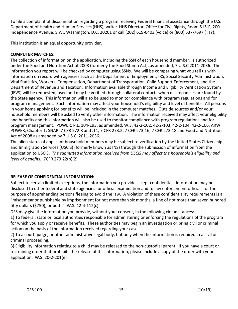 Form DFS100 Application for Assistance - Wyoming, Page 15