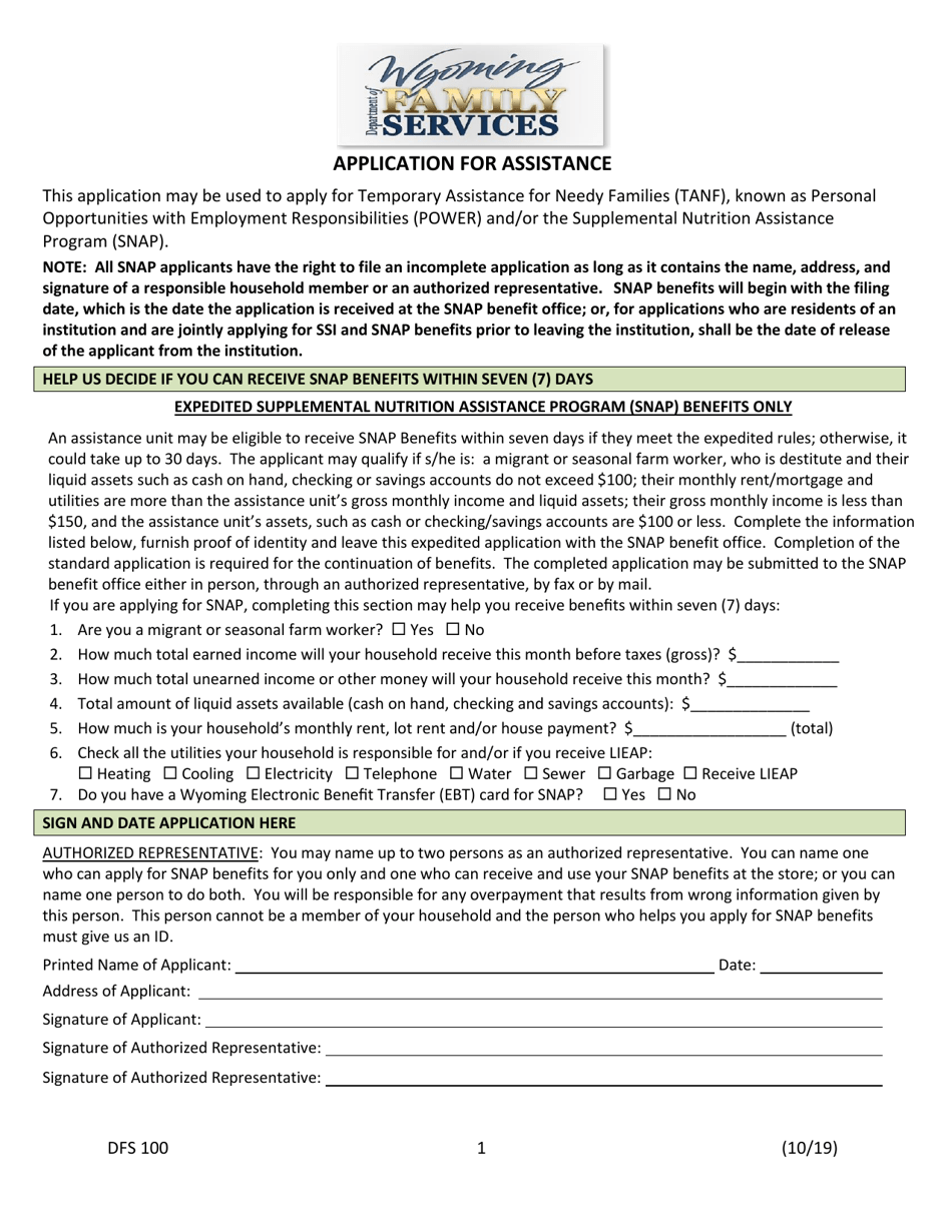 Form DFS100 Application for Assistance - Wyoming, Page 1