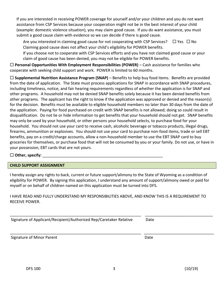Form DFS100 Application for Assistance - Wyoming, Page 3