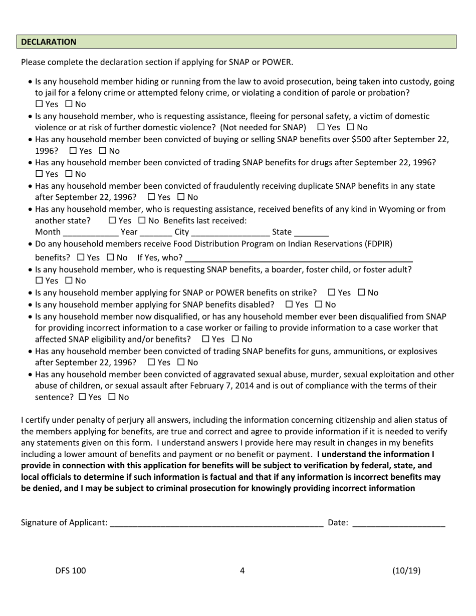 Form DFS100 Application for Assistance - Wyoming, Page 4