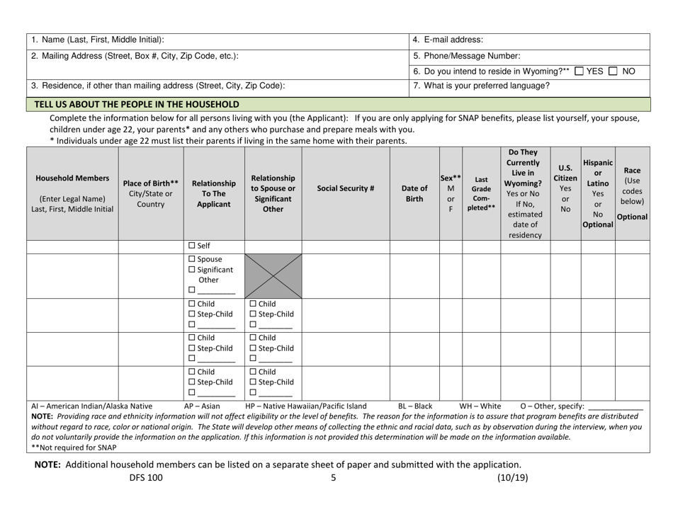 Form DFS100 Application for Assistance - Wyoming, Page 5