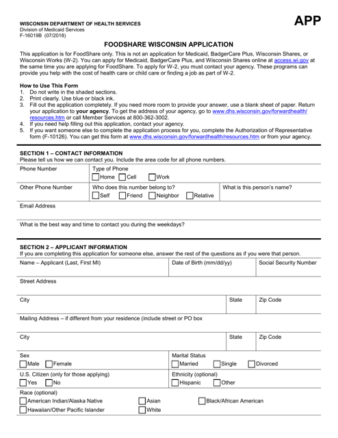 Form F-16019B Foodshare Wisconsin Application - Wisconsin