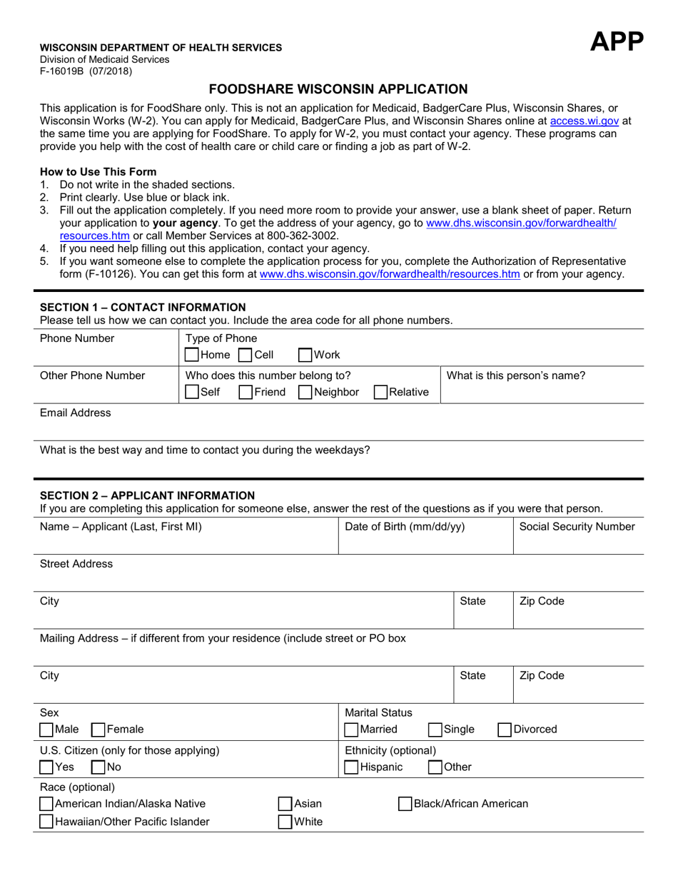 Form F-16019B Foodshare Wisconsin Application - Wisconsin, Page 1