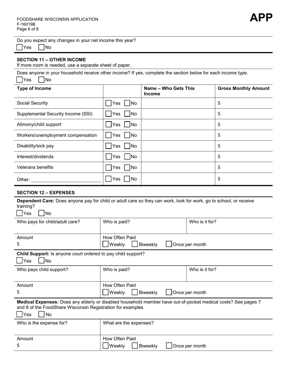 Form F-16019B Foodshare Wisconsin Application - Wisconsin, Page 6