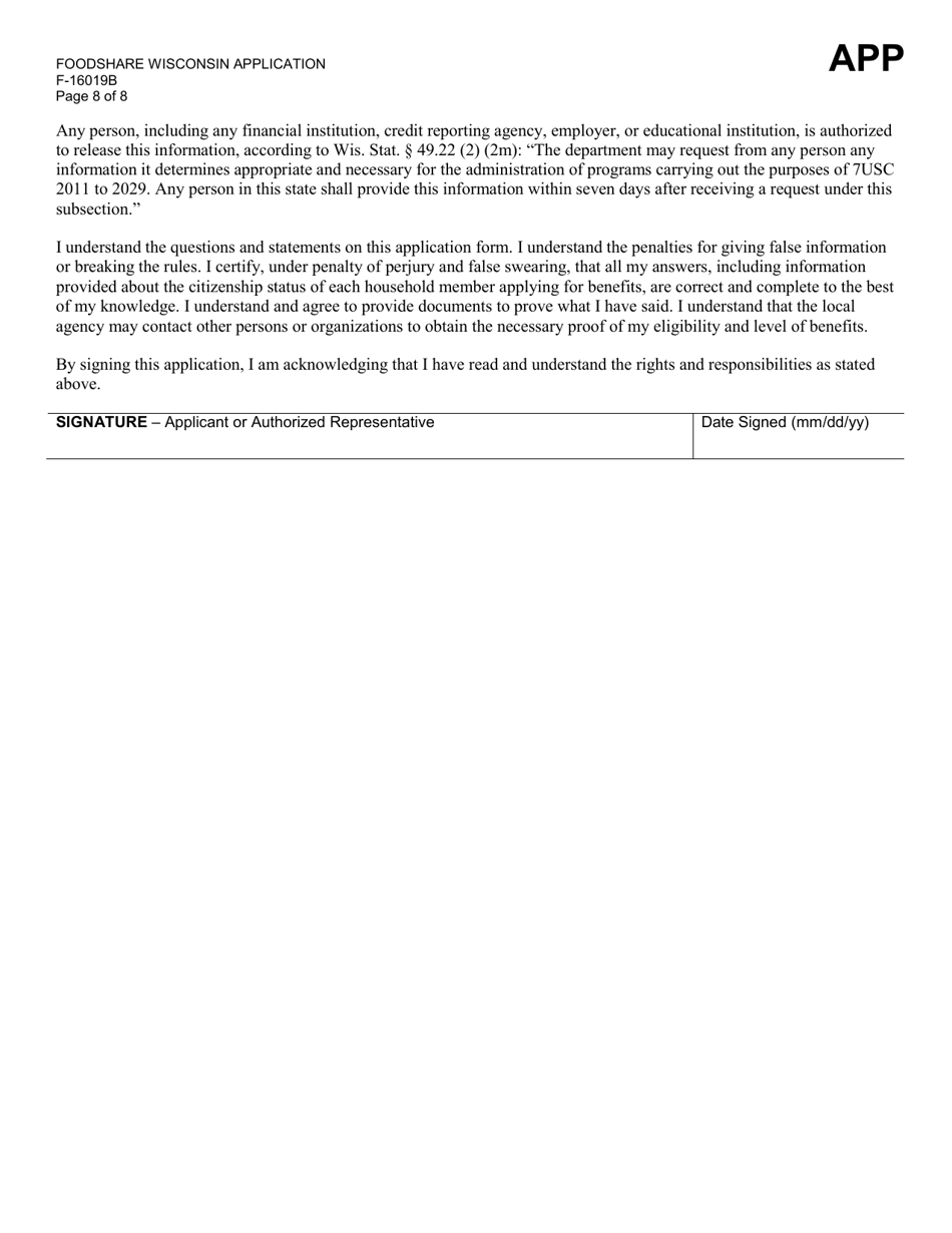 Form F-16019B Foodshare Wisconsin Application - Wisconsin, Page 8