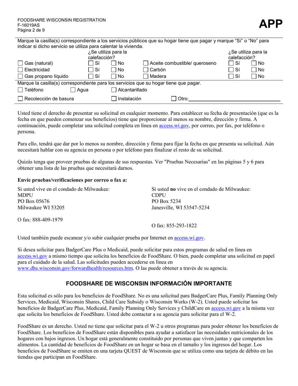 Formulario F-16019AS Inscripcion De Foodshare Wisconsin - Wisconsin (Spanish), Page 2