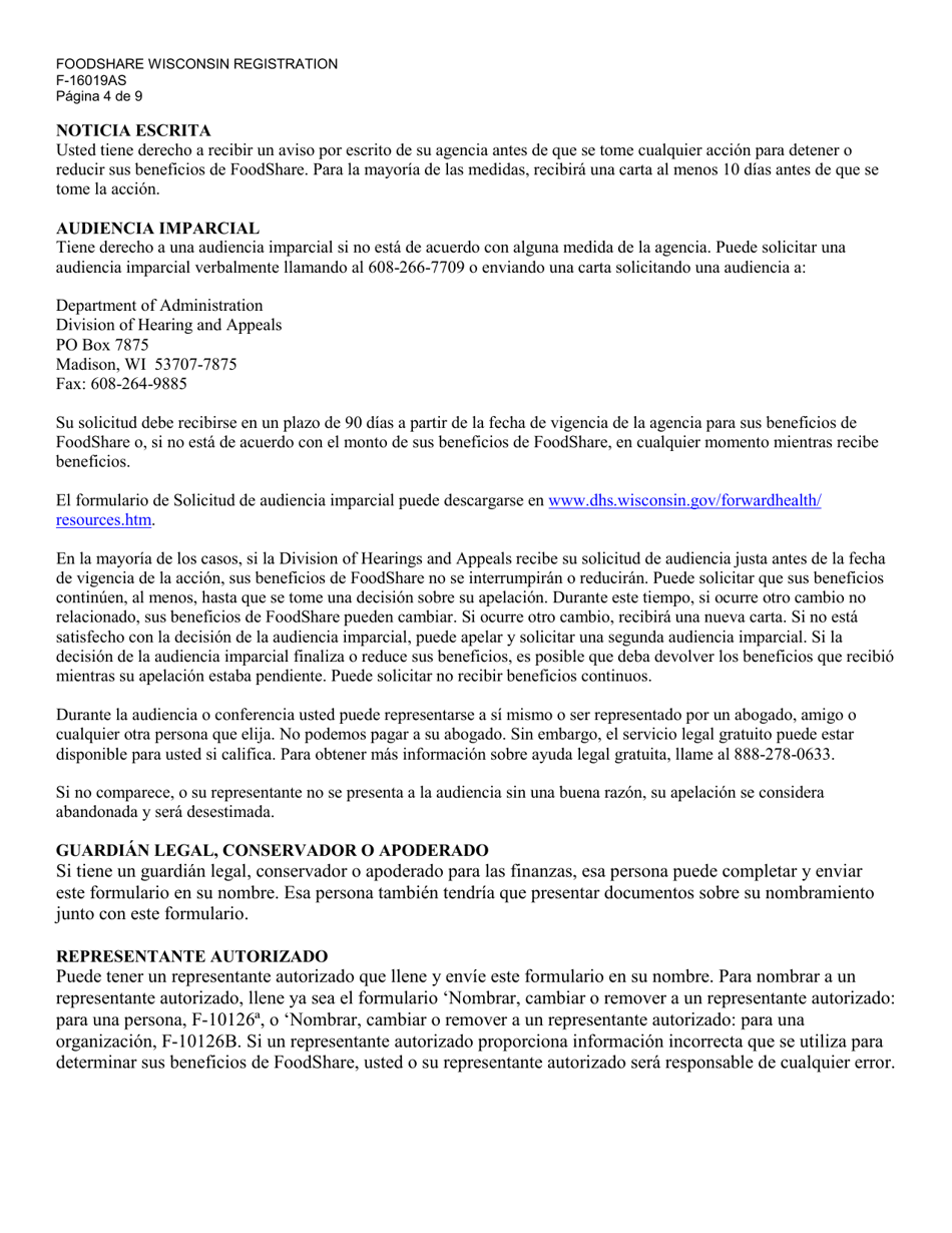 Formulario F-16019AS Inscripcion De Foodshare Wisconsin - Wisconsin (Spanish), Page 4