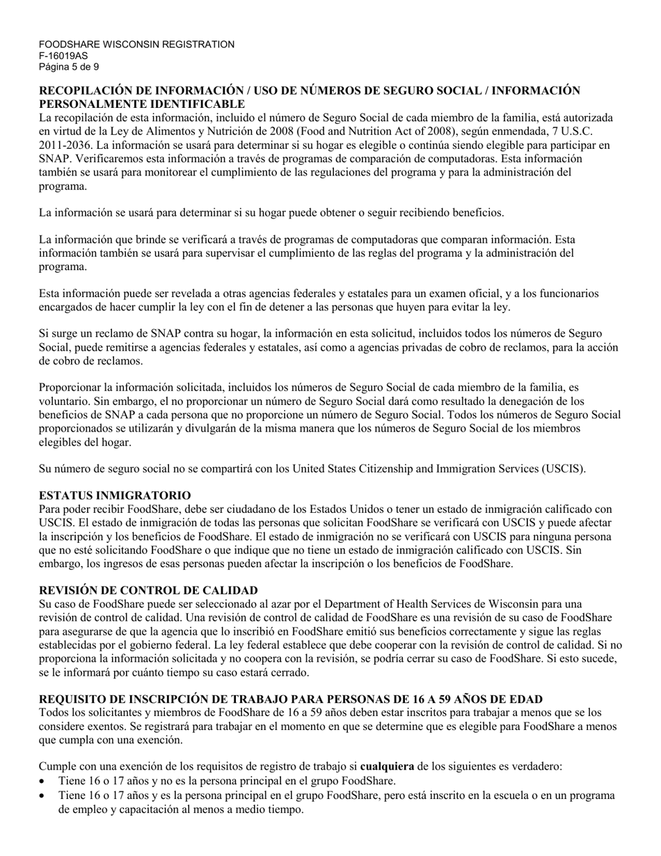 Formulario F-16019AS Inscripcion De Foodshare Wisconsin - Wisconsin (Spanish), Page 5
