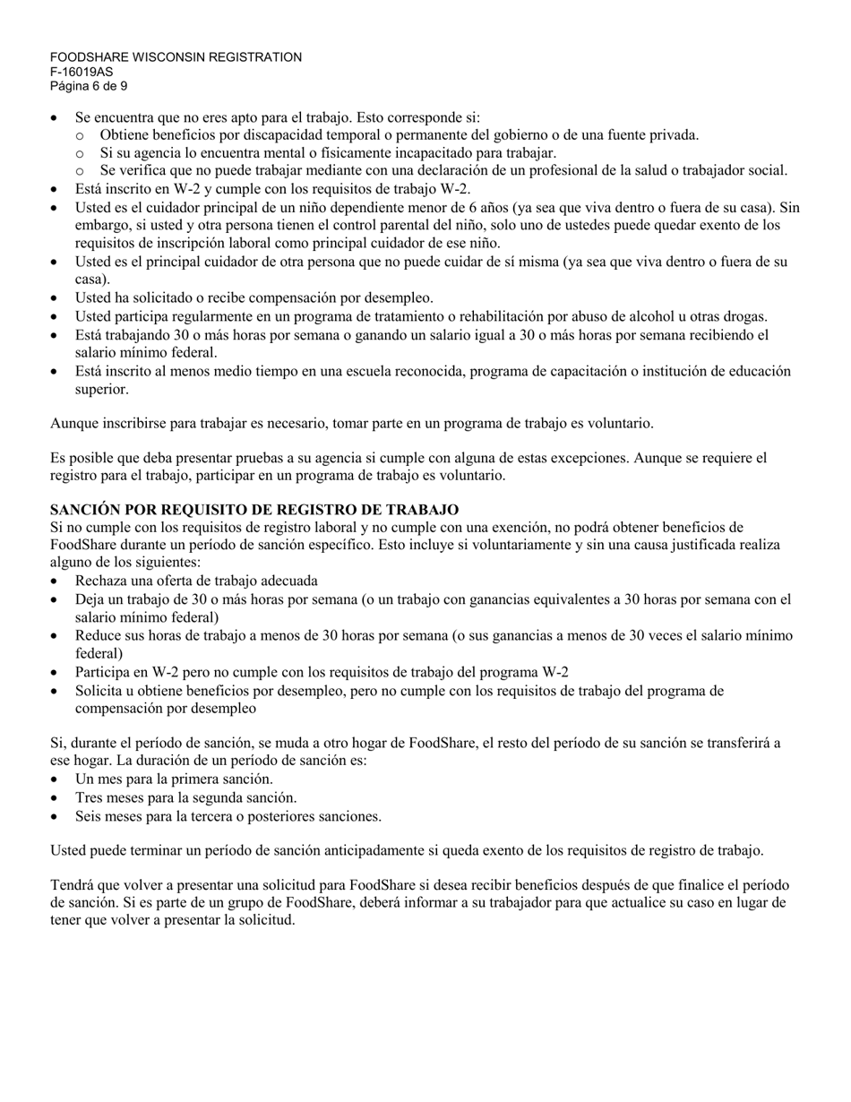 Formulario F-16019AS Inscripcion De Foodshare Wisconsin - Wisconsin (Spanish), Page 6
