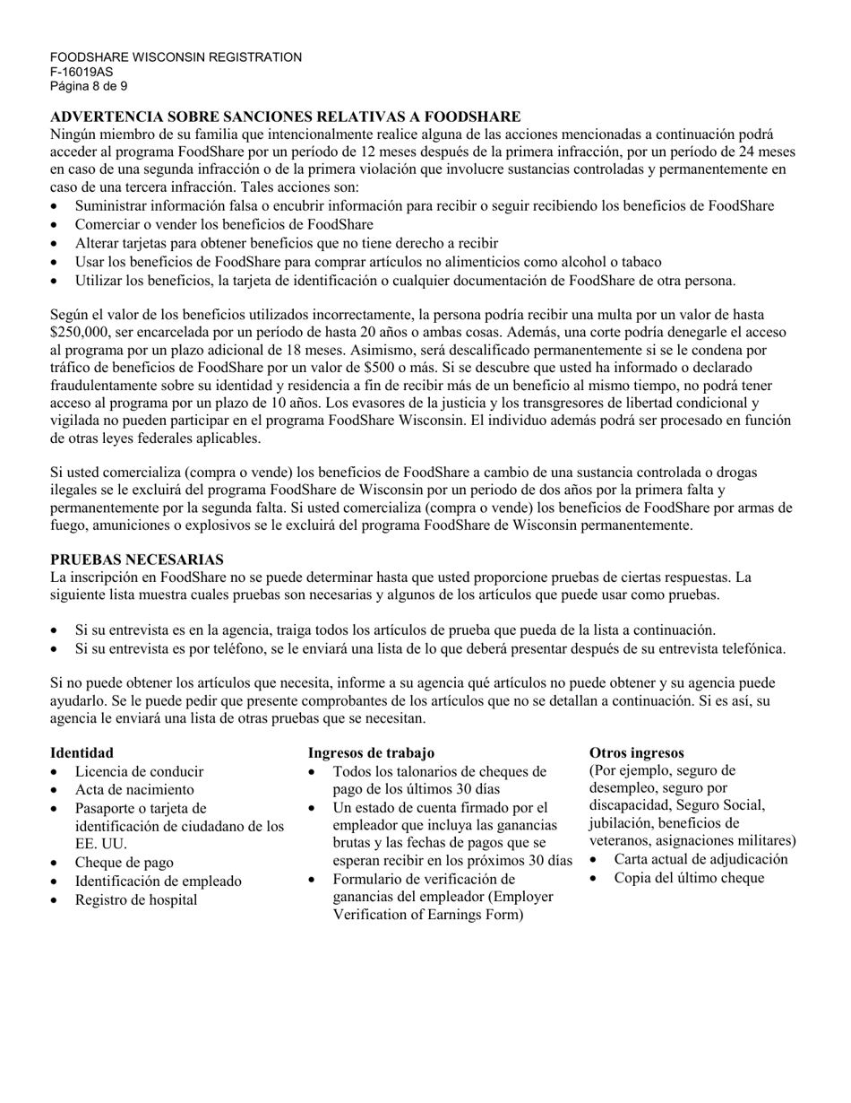 Formulario F-16019AS Inscripcion De Foodshare Wisconsin - Wisconsin (Spanish), Page 8