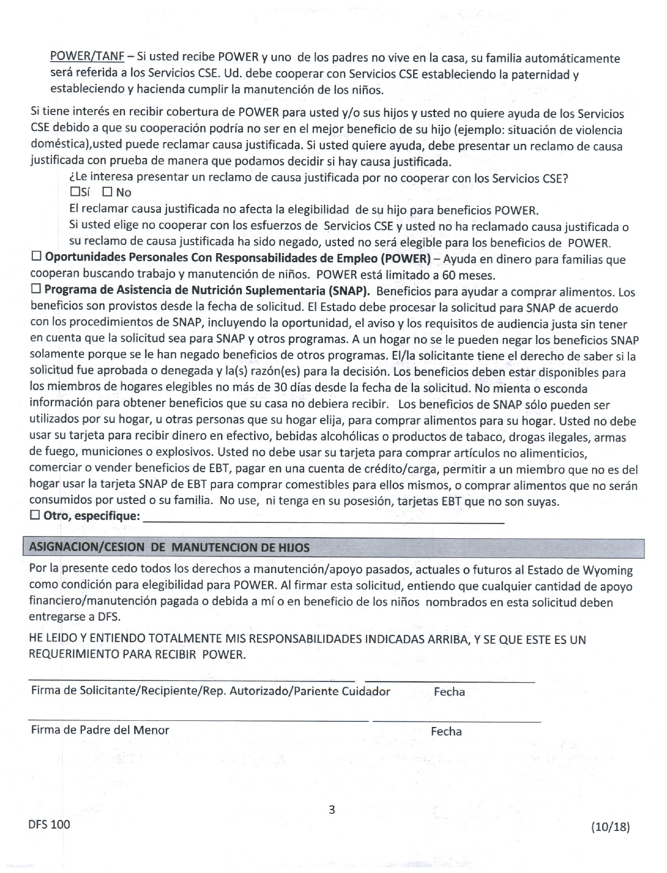 Formulario DFS100 Solicitud De Asistencia - Wyoming (Spanish), Page 3