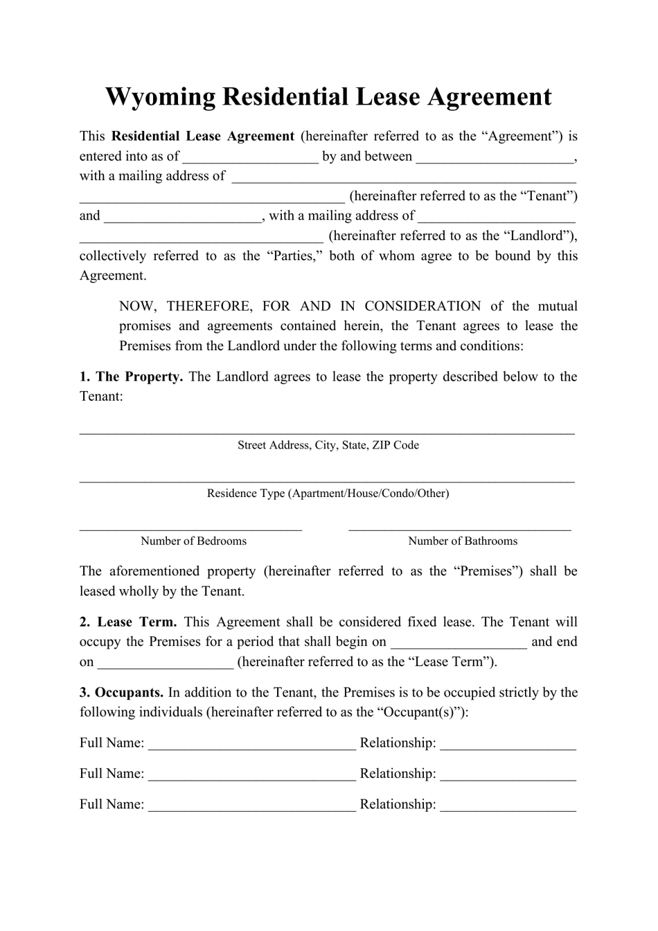 Residential Lease Agreement Template - Wyoming, Page 1