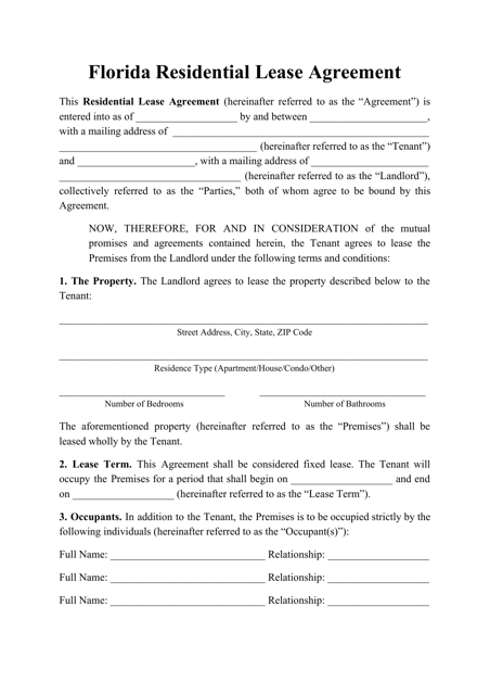 Residential Lease Agreement Template - Florida Download Pdf