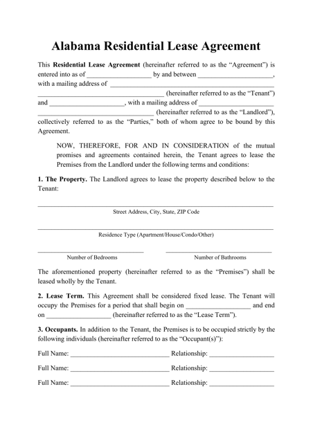 Alabama Residential Lease Agreement Template Download Printable PDF