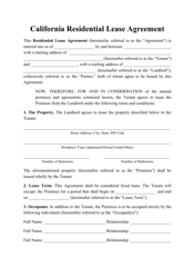 &quot;Residential Lease Agreement Template&quot; - California