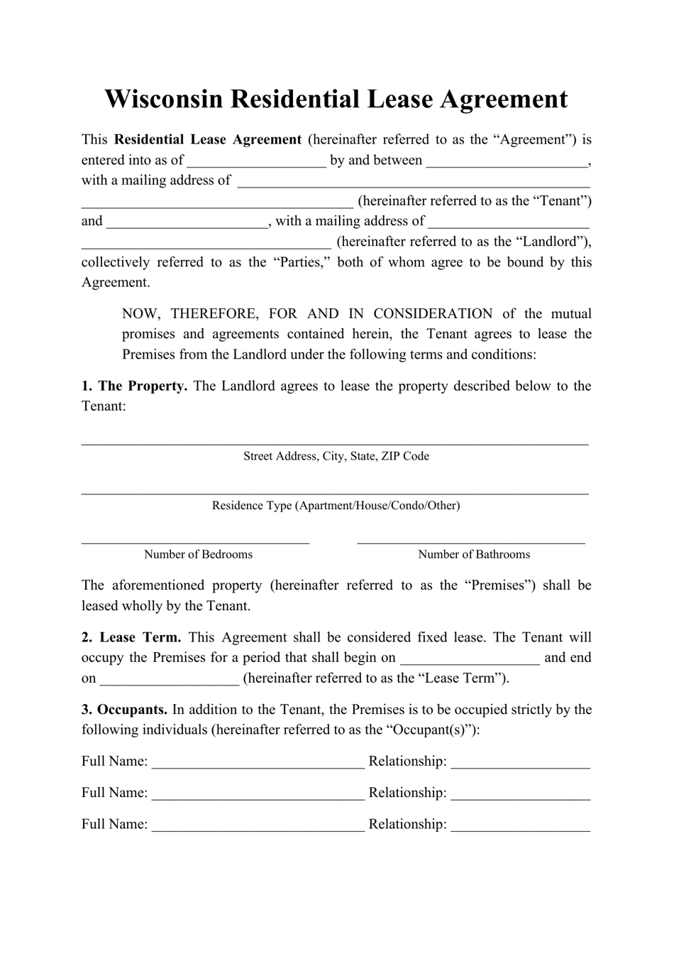 Residential Lease Agreement Template - Wisconsin, Page 1
