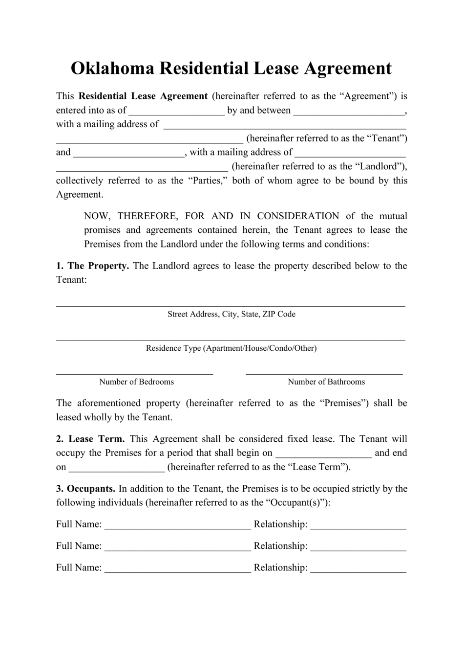 Residential Lease Agreement Template - Oklahoma, Page 1