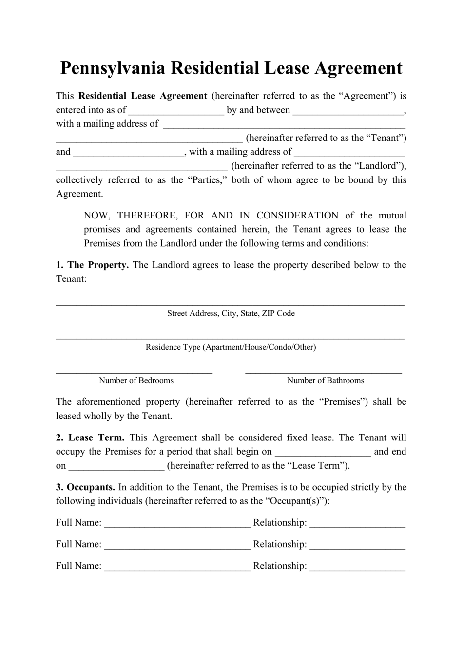 Residential Lease Agreement Template - Pennsylvania, Page 1