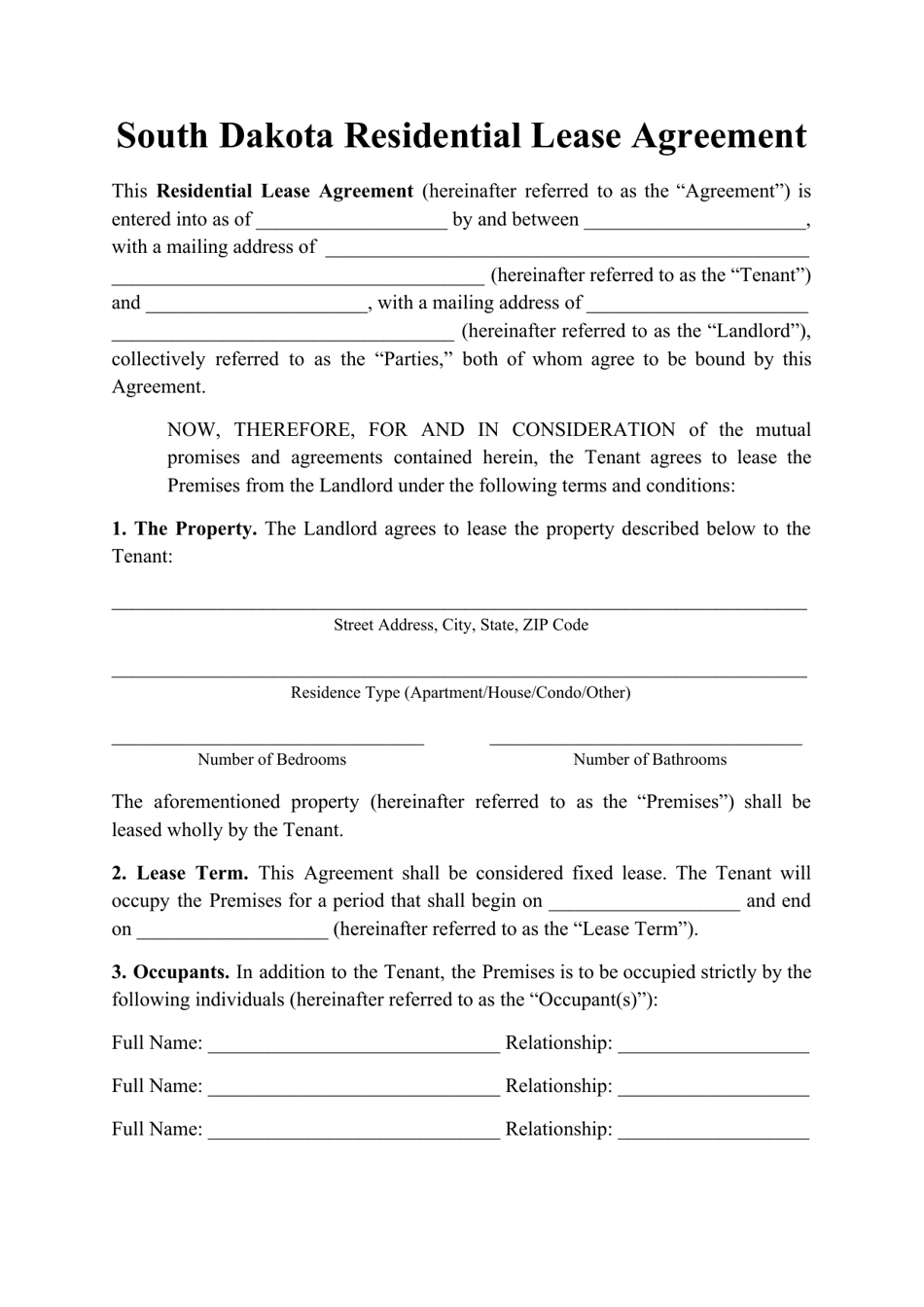 Residential Lease Agreement Template - South Dakota, Page 1