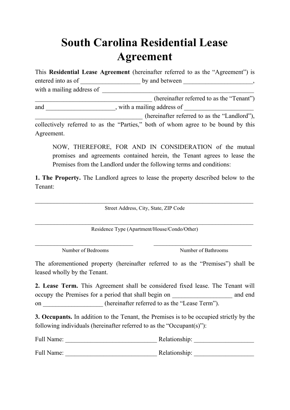 Residential Lease Agreement Template - South Carolina, Page 1