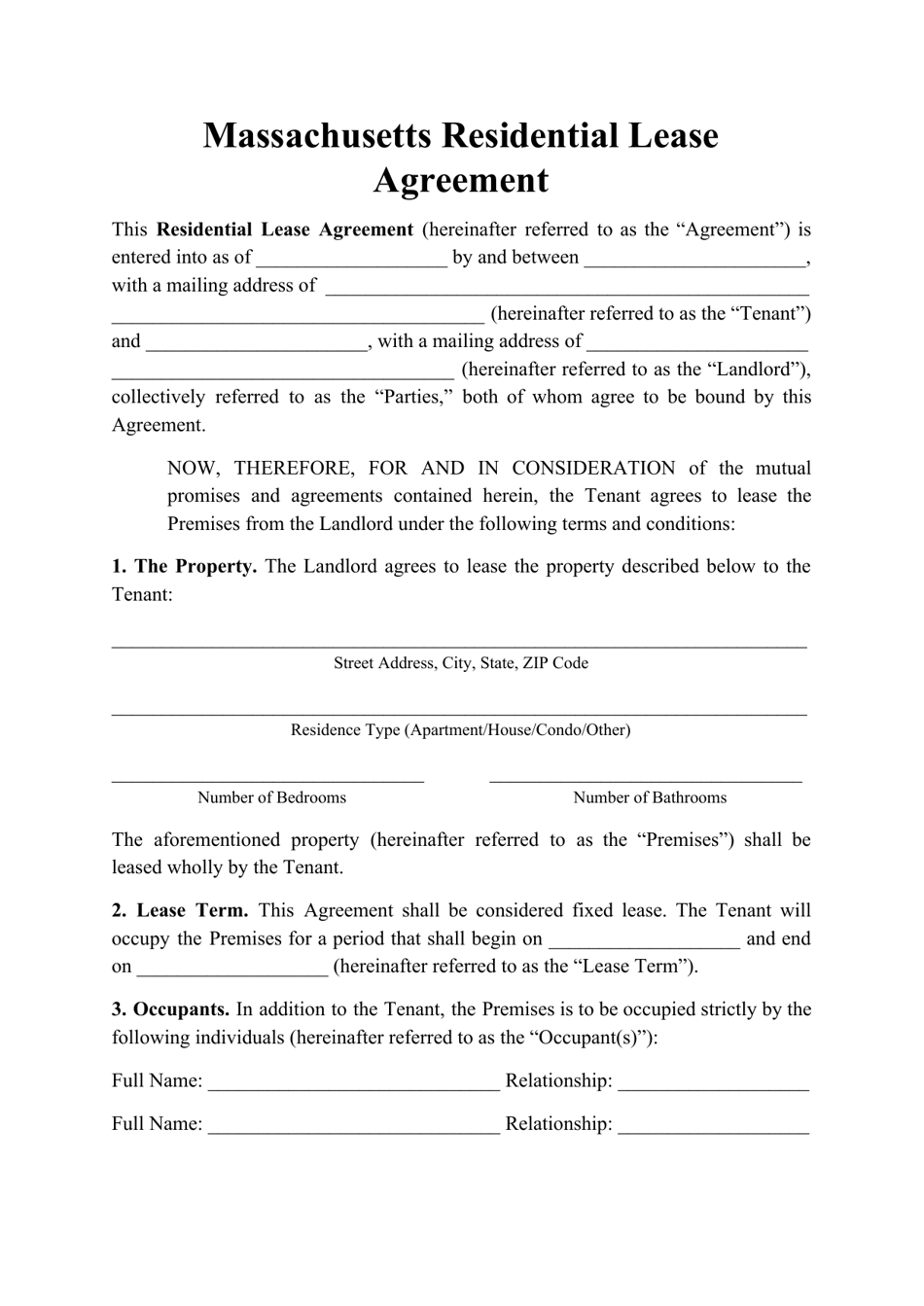 Residential Lease Agreement Template - Massachusetts, Page 1
