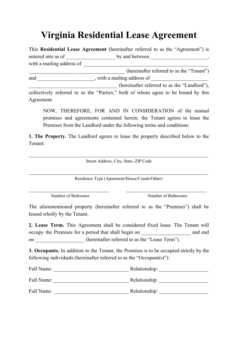 Residential Lease Agreement Template - Virginia, Page 1