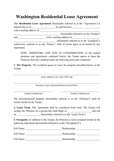 Residential Lease Agreement Template - Washington Download Pdf