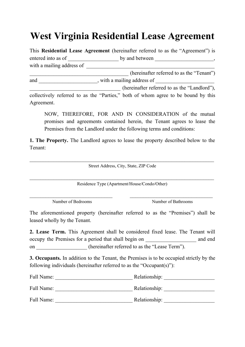 Residential Lease Agreement Template - West Virginia, Page 1