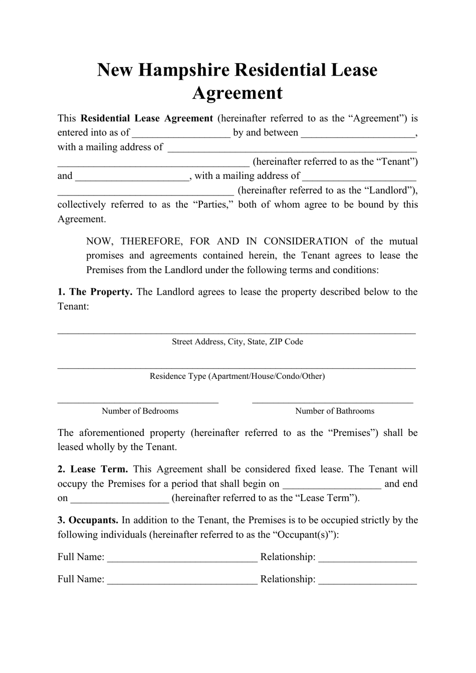 Residential Lease Agreement Template - New Hampshire, Page 1